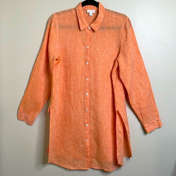 J. Jill 100% Linen Coral Orange Long Sleeve Button Up High Slit Tunic Medium - Picture 1 of 14